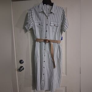 Striped Button-Down Midi Dress with Tan Belt